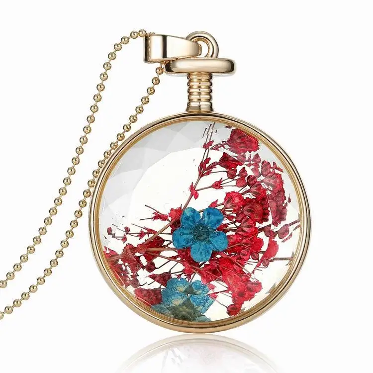 

Women Jewelry Vintage Gold Long Chain Pendant Necklace Round Transparent Glass Bottle Red Dried Flowers Necklace