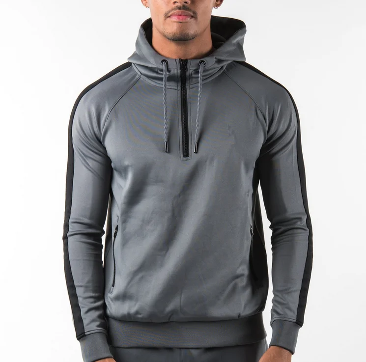 Men's hooded tracksuit top slim fit 1 4 zip hoodie polyester custom two color hoodies