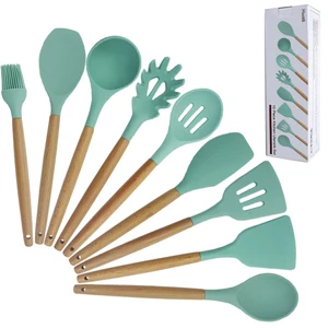 Image of Amazon Kitchenware 9PCS Silicone Cooking Tools with Natural Wood Handle