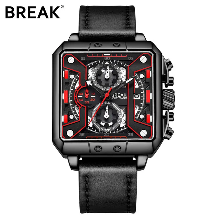 

BREAK 5645 Chronograph Casual Watch Gift for Men Luxury Brand Quartz Sport Watch Genuine Leather Men's Wristwatch