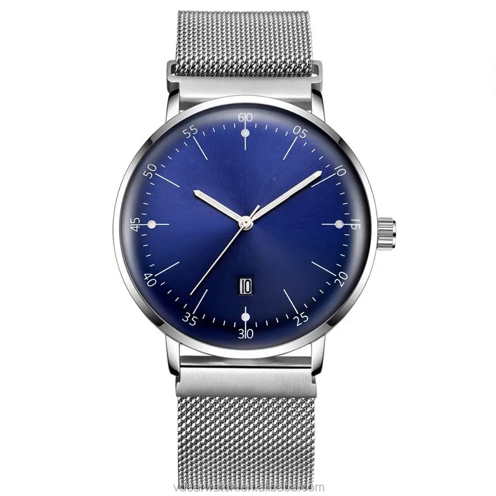 Unique quartz domed glass blue dial watch classic brand names men watches 2017 luxury with milanese strap