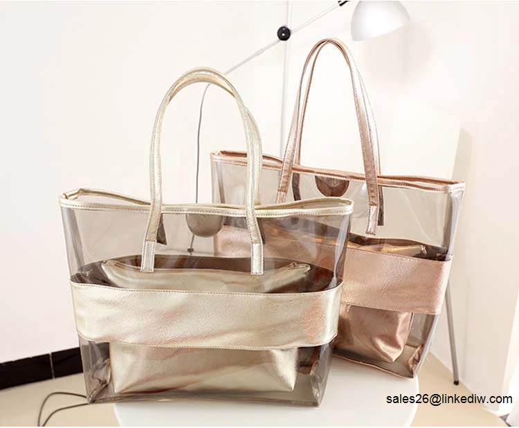 

Waterproof Half Transparent Hand Bag, PVC Beach Bag and Polyester with Small Bag (champagne color), Red,black,orange,navy blue,grey,green,pink,mint,yellow or customized