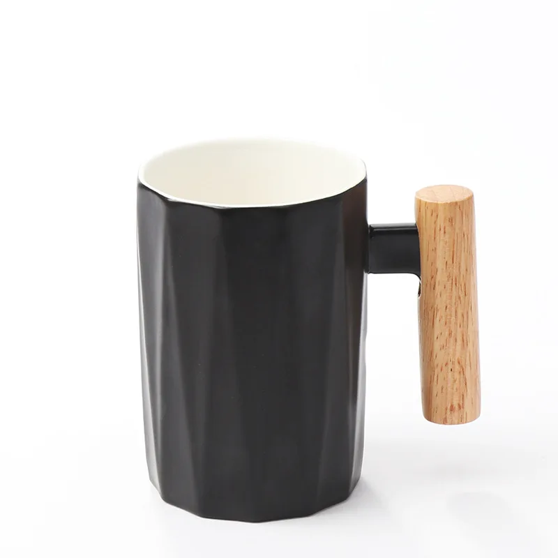 

350ml Creative Porcelain White Black Ceramic Mugs Handle Lid Spoon Set with Wood Coffee Mugs Customer's Logo White Box CLASSIC, Black, white