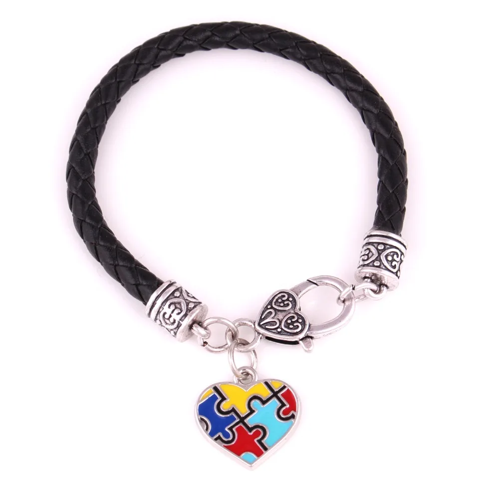 

Custom Heart Charm Autism Awareness Puzzle leather cord Necklace