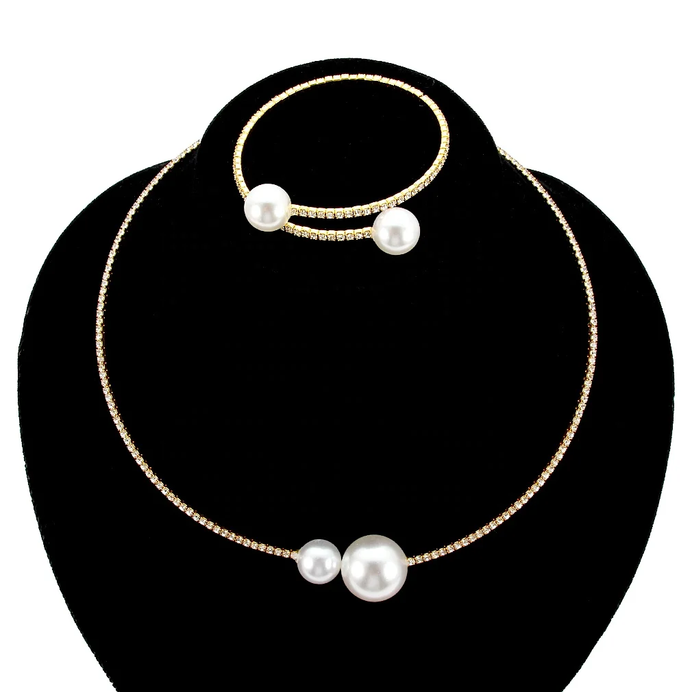 

2PCS/Set European Simulated Pearl Chokers Necklace Bangle Adjustable Jewelry Set For Women Bridal Wedding Party Accessories, Silver,glod