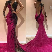 

ZH0859X 2019 Gorgeous Mermaid Evening Dresses Sexy Open Back Sequined One Shoulder Evening Prom Gowns Arabic Pageant Dress