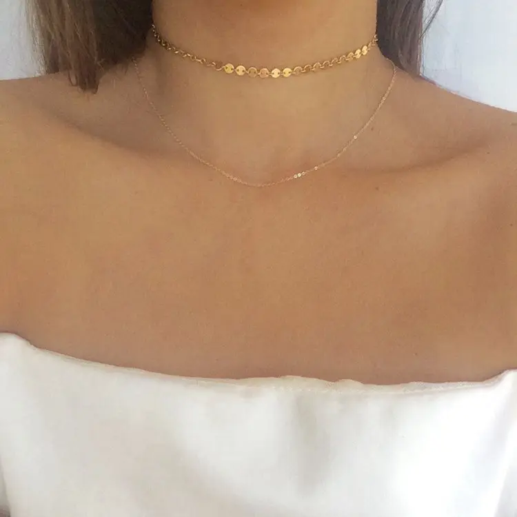 

YongZe Simple European wind chocker hot sale multilayer copper sequins necklace, Gold;sliver