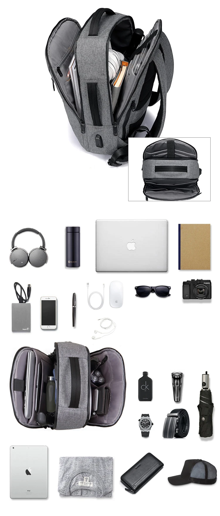 High quality best smart stylish waterproof mens USB charging backpack rucksack laptop back pack bags