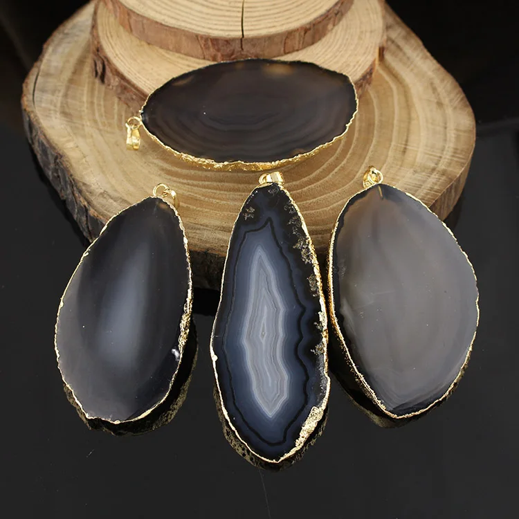 

JF6920 Hot sale beautiful gold electroplated black agate slice pendants