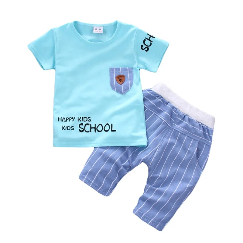 

Wholesale cozy cotton children clothing sets outfit little boy two piece letters shirts strip pants Manufactures, Yellow;blue;white