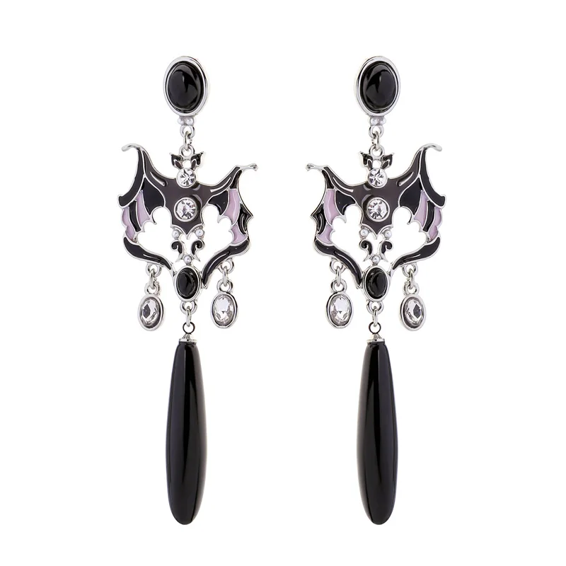 

ed01902d Black Bats Enamel Charm Crystal Resin Large Drop Pendant Earrings, Gold