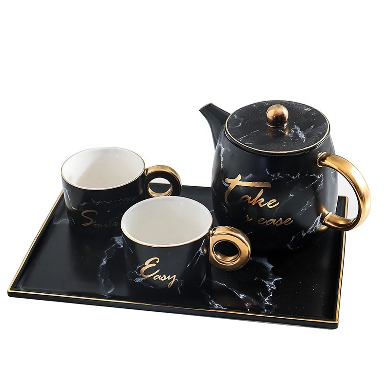 

Zogifts 2019 Marble Black White pink 4Pcs Ceramic Teapot Set, As picture