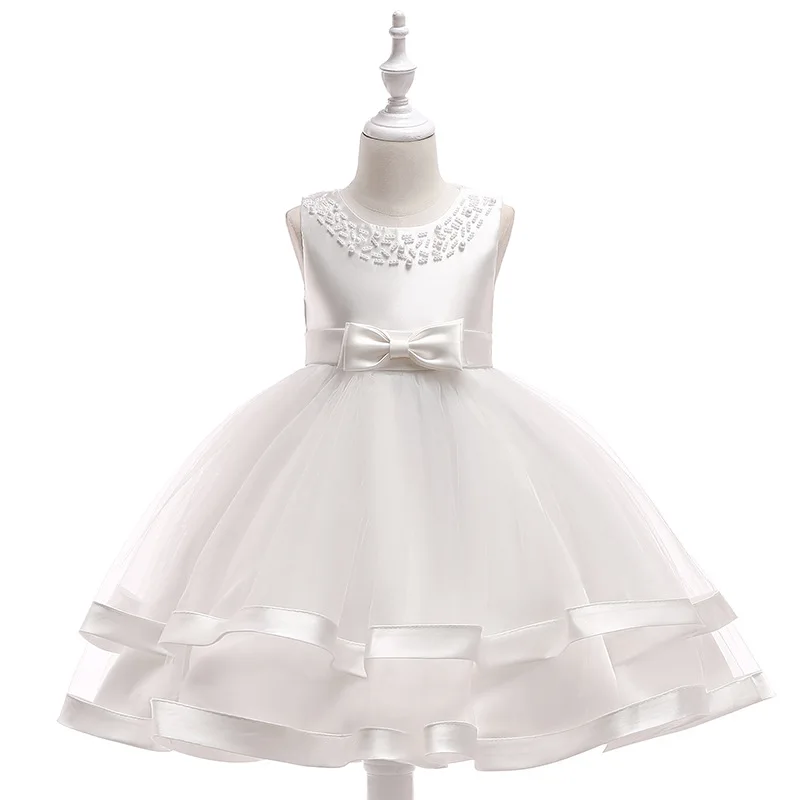 Wholesale Baby Clothes Latest Dress Designs Girl Satin White Color Wedding Party Bridesmaid Dresses L5017