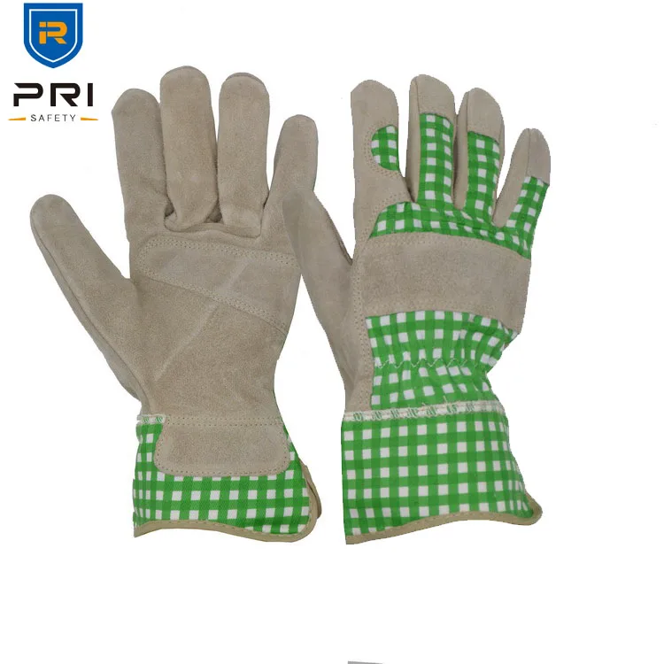 Pri Gingham Green Cotton Cowhide Leather Gardening Gloves For Yard