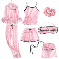 

Women's 7 Pieces Pajamas Sets Emulation Silk Striped Pajamas Women Sleepwear Sets Spring Summer Autumn Homewear