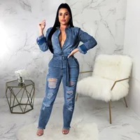 

Long sleeve one piece denim jeans jumpsuits women 2019