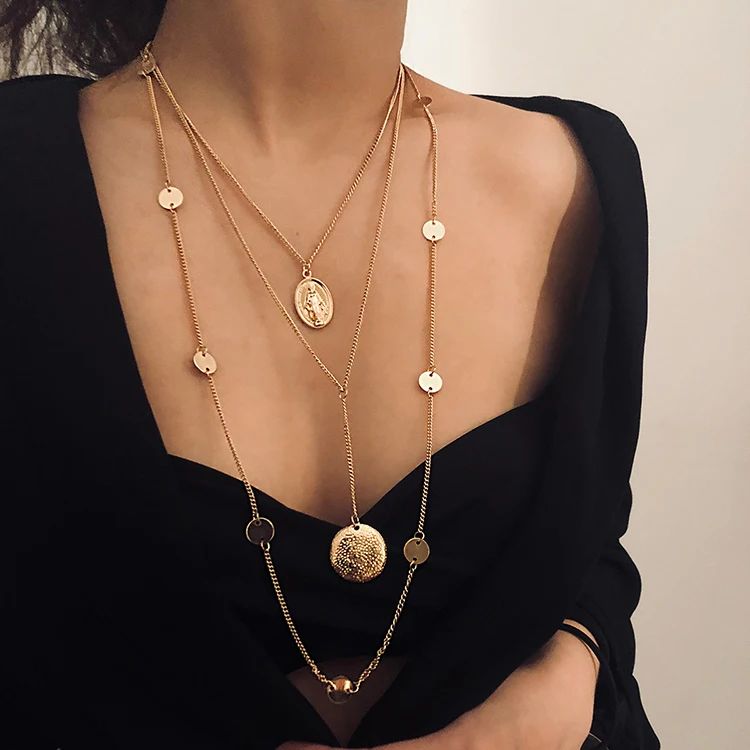 

Long Alloy Madonna Necklace Simple Multilayer Necklaces For Women Sequin Necklace Jewelry Accessories (KMN0805), Silver, gold