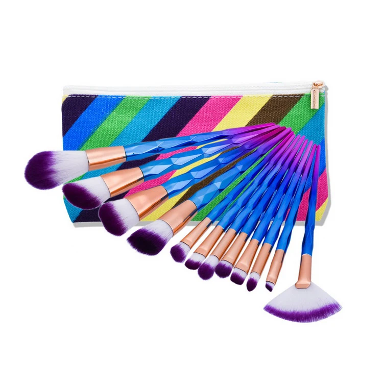 

12 Pieces Professional High Quality Aluminum Diamond Handle Blue Glitter Makeup Brush Set with Blue Bag, As pics