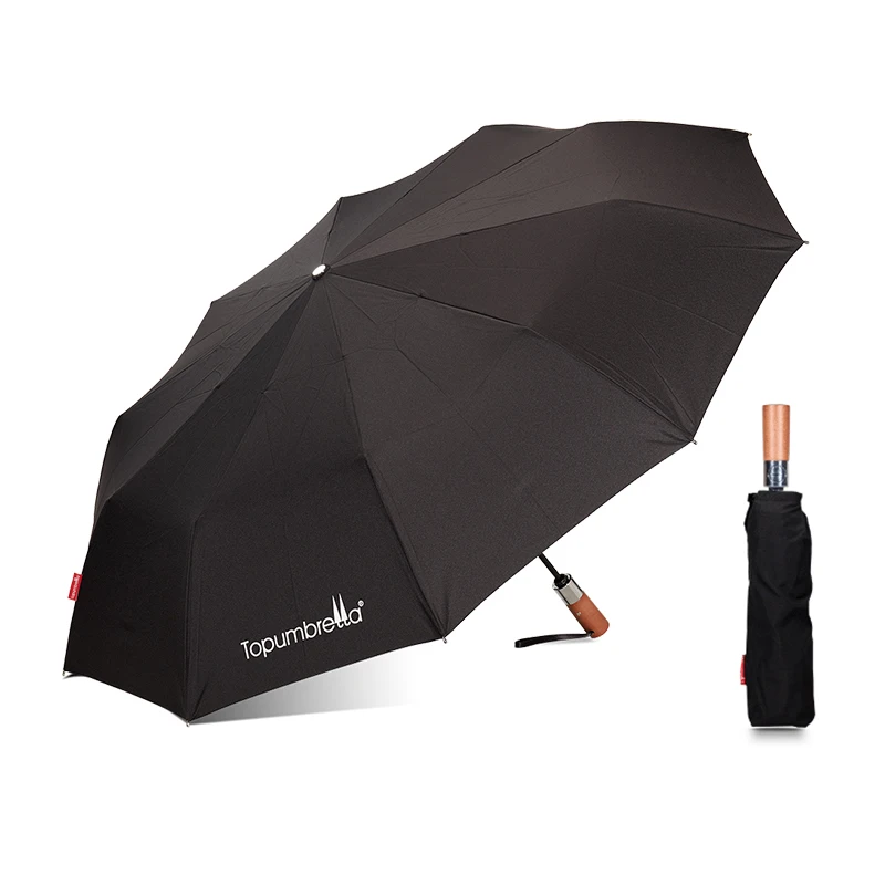 Topumbrella Strong Windproof Automatic Open And Close Wood Handle 3 Fold Folding Umbrella