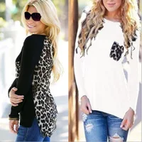 

Customize logo brand Large Size Women Leopard Print Stitching Long Sleeve Loose Top Blouse T-Shirt