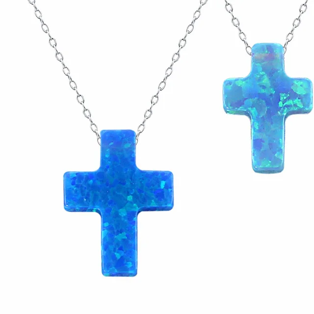 

9 *12 MM Blue Fire Opal Gemstone Cross Pendant Necklace Wholesale Women Jewelry, Silver