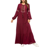 

Fashion Burgundy Muslim Women Dress Drawstring Embroidered Long Sleeve Maxi Abaya Dress