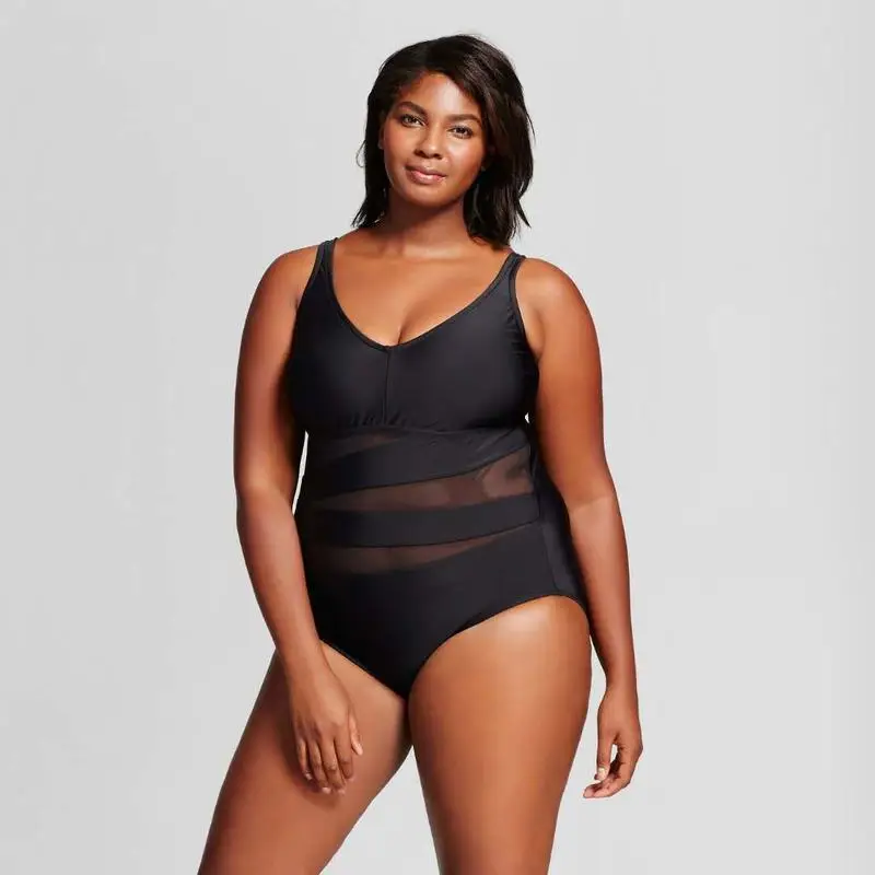 

2019 hot selling deep v one piece bikini set sexy mesh patchwork beachwear big size XL-4XL fat lady triangle swimsuit women