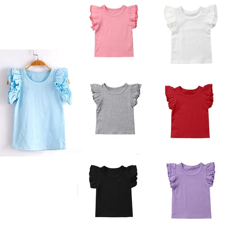 

Solid Color children blank t shirts organic cotton baby clothes tops Flutter sleeve kids girls T-shirts, Picture shown or custom colors