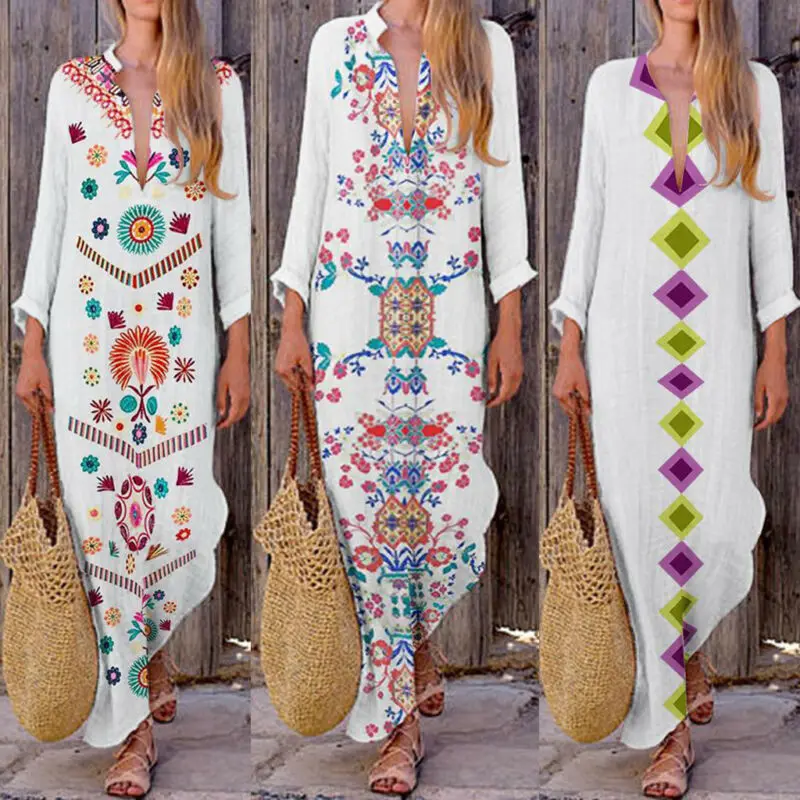 

Kaftan Tunic Gypsy Ethnic Womens Cotton Long Sleeve Casual Boho Linen Maxi Dress