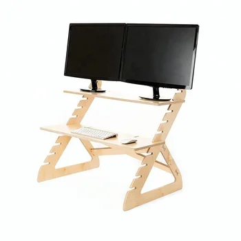 Adjustable Standing Desk Converter Bamboo Wood Monitor Stand Up