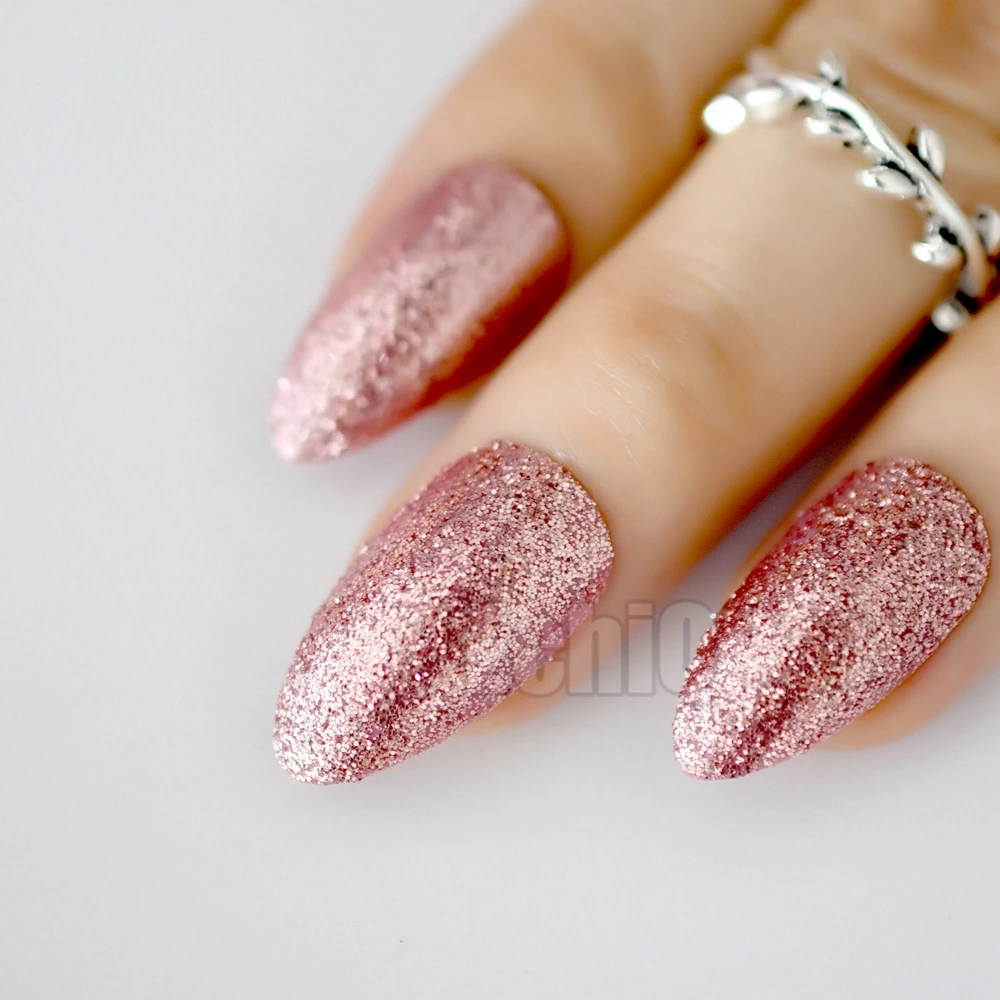 Gorgeous Rose Gold Almond Stiletto Fake Nails Pointed Bling Glitter Press  On False Nails Full Cover Daily Office Wear Tips - Buy Glitter Stiletto  Nails,Sharp Top Nail Tips,Stilettos Press On Nails Product