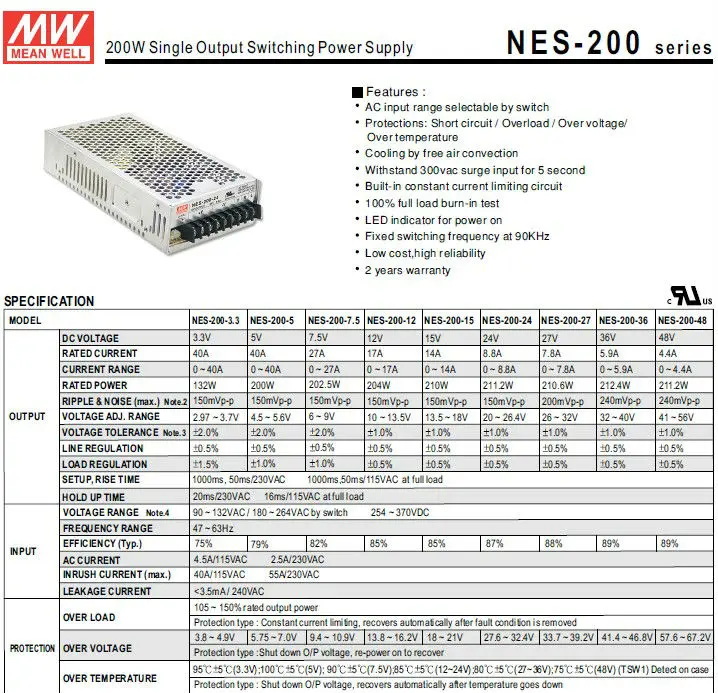 MEANWELL 200W Power Supply 5vdc 40a psu with UL for led screen displaying NES-200-5