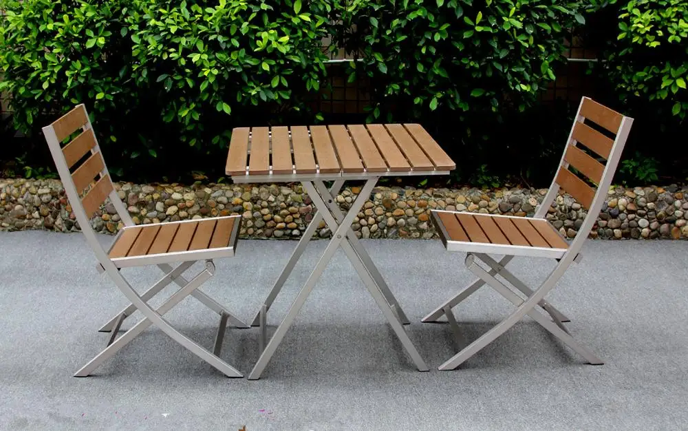 Hot Sale Garden Restaurant Brushed Aluminum Dining Furniture Outdoor Patio Furniture Plastic Wood Bistro Fold Table And Chairs Buy Meja Dan Kursi Meja Dan Kursi Restoran Meja Makan Kursi Product On Alibaba Com