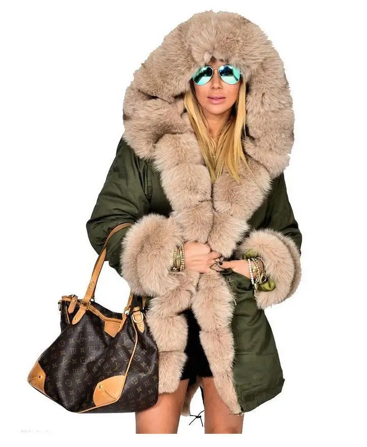 

Women Warm Winter Thick Faux Fur Jacket/Coat With Fur Hem Hood, Green ,black