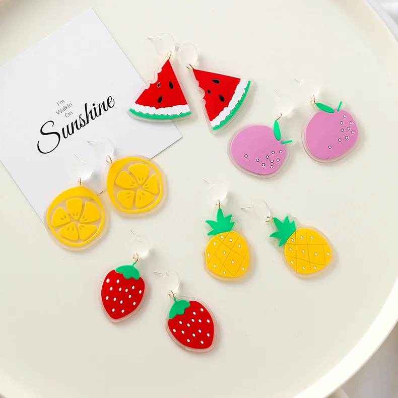 

CLARMER Korean New Summer Versatile Fruit Series Strawberry Pineapple Watermelon Peach Acrylic Earrings For Women, As show