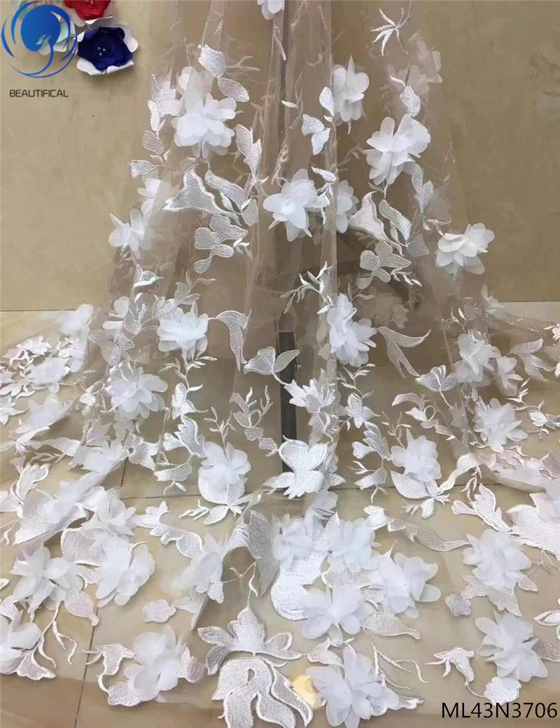 

Beautifical White bridal lace fabric high quality 3d flower lace wholesale african french lace tulle ML43N37, Can be customized