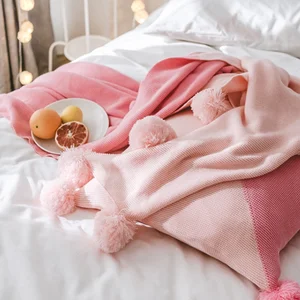 Pure Cotton Knitted Throw Organic Super Soft Warm Throws For Sofa Bedding Couch Couch Cover With Pom Poms Machine Washable