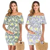 Customized brand logo lovely prints leaf off shoulder summer beach dress women's cotton bodycon maternity dress