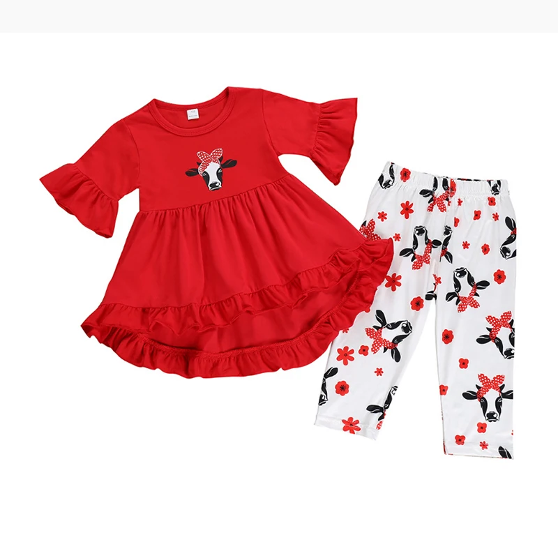 

2019Active Baby Girl Round Neck Trumpet Sleeves Red Shirt + Pants 2Pieces for Spring and Autumn, Picture shows