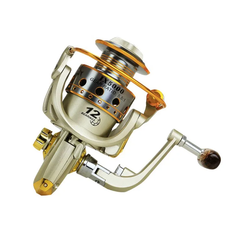 

12 bearings wood handle metal handle 5000 best surfbait casting longelectric fishing reel, Grey+gold