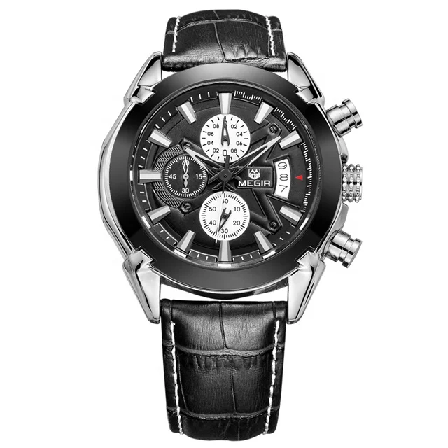 

Megir Brand Wristwatch Men Black Leather Water Resistant Quartz Watch