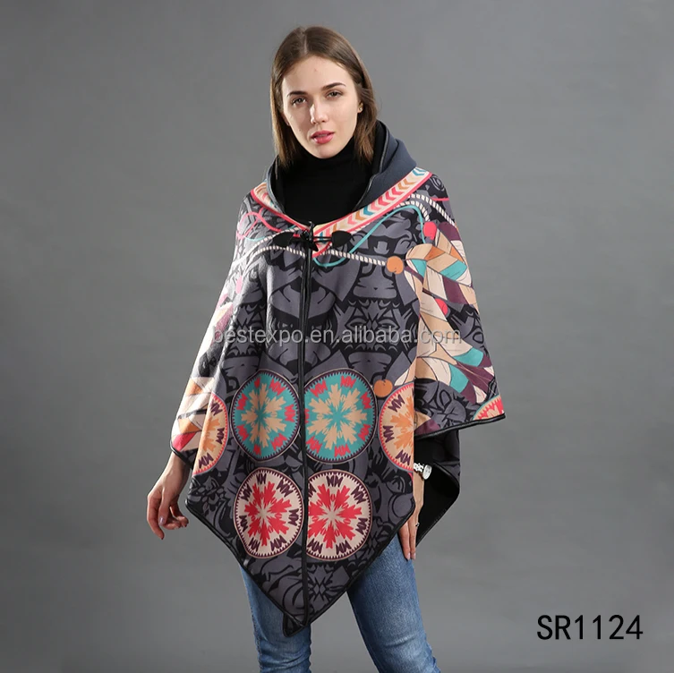 
woman oversized hooded trench coat fashion bat sleeve poncho mixed pattern cape shawl 