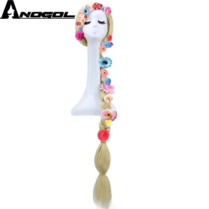 

Anogol Tangled Rapunzel Natural Long Blonde Braided Synthetic Cosplay Wig For Halloween Whit Six Random Flowers