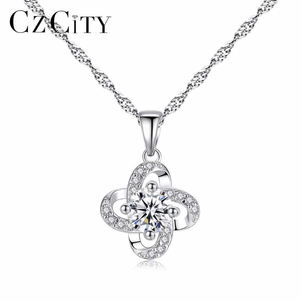 

CZCITY New Fashion Flower Shape 925 Silver Pendant Necklace With Clear Zircon Stone For Women Wedding Party Or Gift