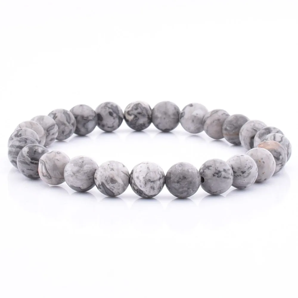 

Pure Gemstone Bead Natural Grey Jasper Jewelry Mens Stone Elastic Bracelet