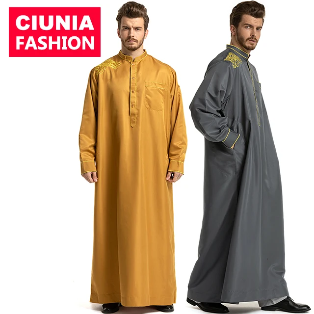 

0006# Men Jubba Thobe Saudi Arab Kaftan Male Abaya Men Muslim Clothing Long Sleeves Man O Neck Islamic Gown, White/camel/gray