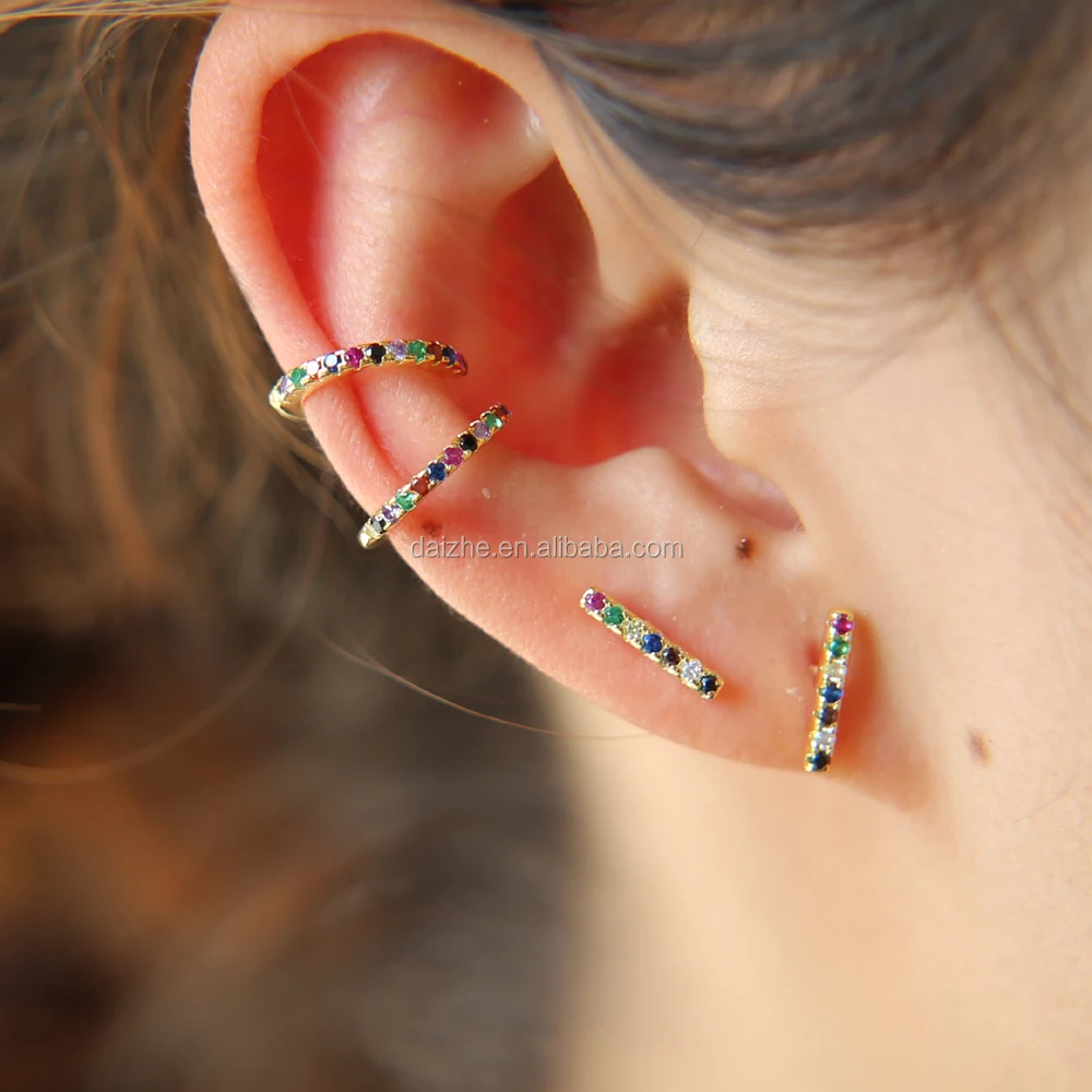 

tiny bar shape 925 sterling silver bar earring wit rainbow color cz paved stud earring with gold plated wedding earring