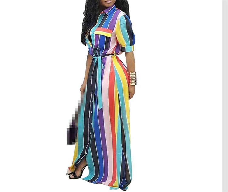 Wholesale women summer casual short sleeve colorful stripe maxi long blouse dresses