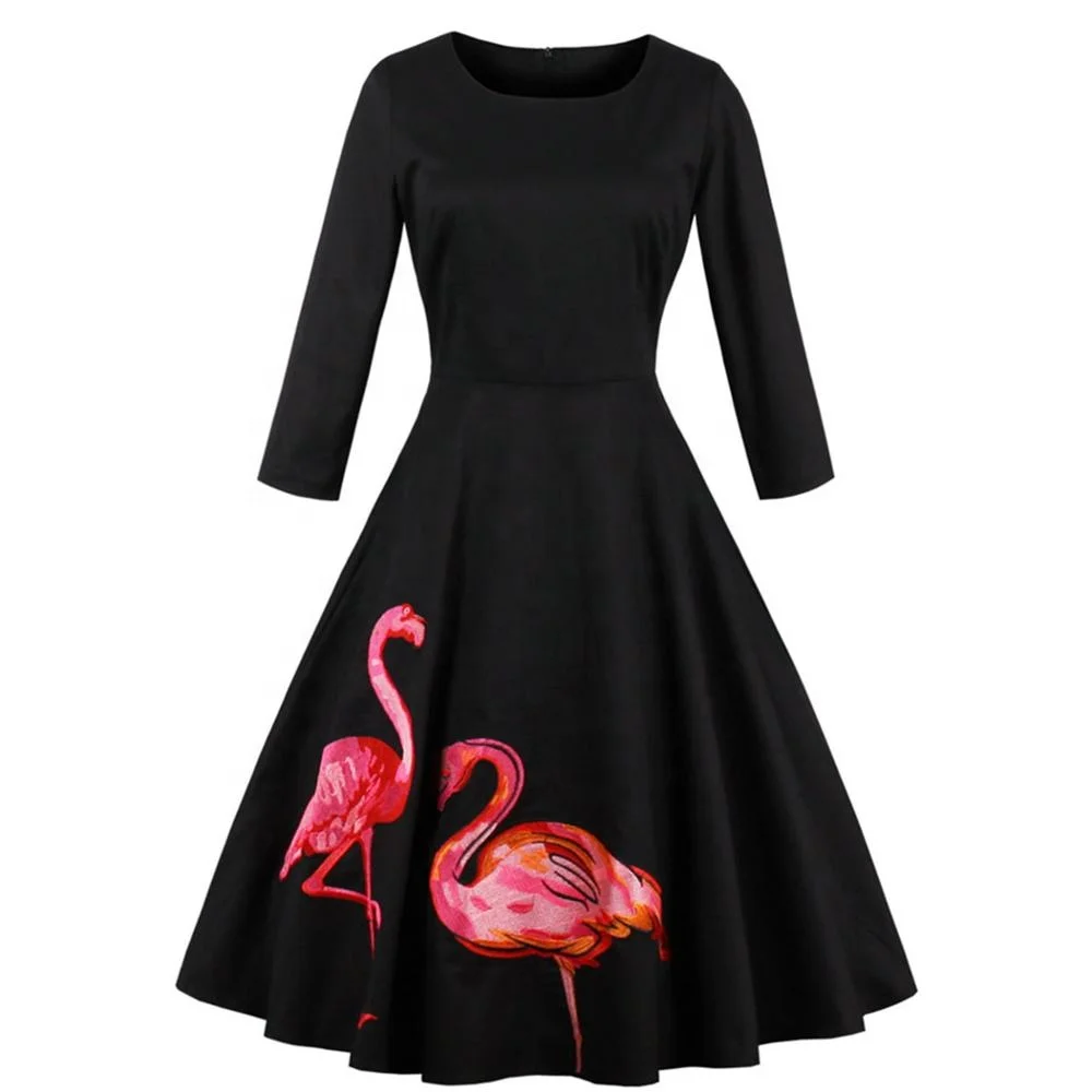 

Wholesales Women Lady Big Girls Dresses Party Cocktail Retro Swing Dress 3/4 Sleeves Red Flamingo Embroidery Fall Dress
