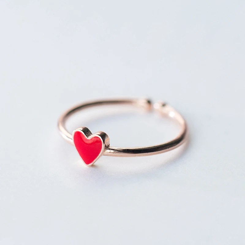 

European American 925 Sterling Silver Trendy Concise Chic Red Heart Rose Gold Open Ring Fine Jewelry Gift for Girlfriend, N/a
